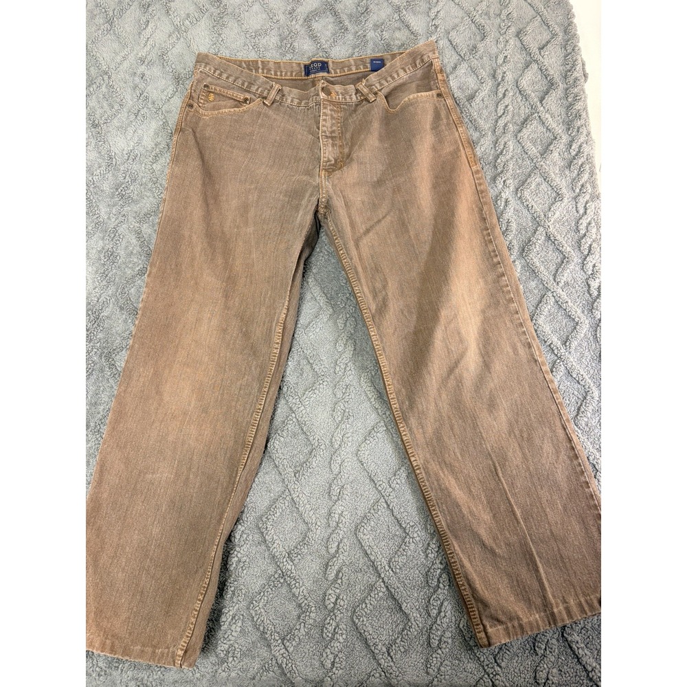 Izod Jeans Mens 38x30 Brown Relaxed Fit Denim Straight Leg Casual Pants Cotton